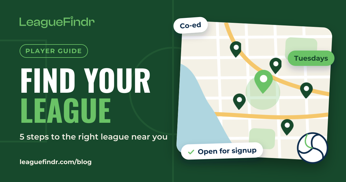 Find your league: a map of Los Angeles with league pins and Co-ed, Tuesdays and Open for signup filters